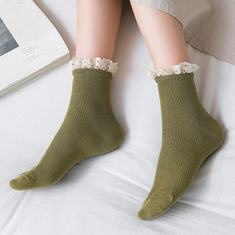 Beloved Lace Top Ankle Socks In 9 Different Colors You Choose Crochet Lace Natural Cotton Stretch Spandex Girly Lacey Black White Light Gray Mustard Yellow Brown Baby Blue Or Olive Army Green