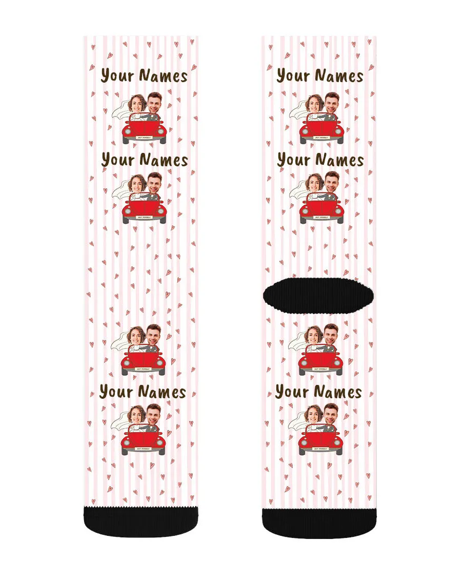 Bride & Groom in Red Car - Couple Face Socks