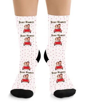 Bride & Groom in Red Car - Couple Face Socks