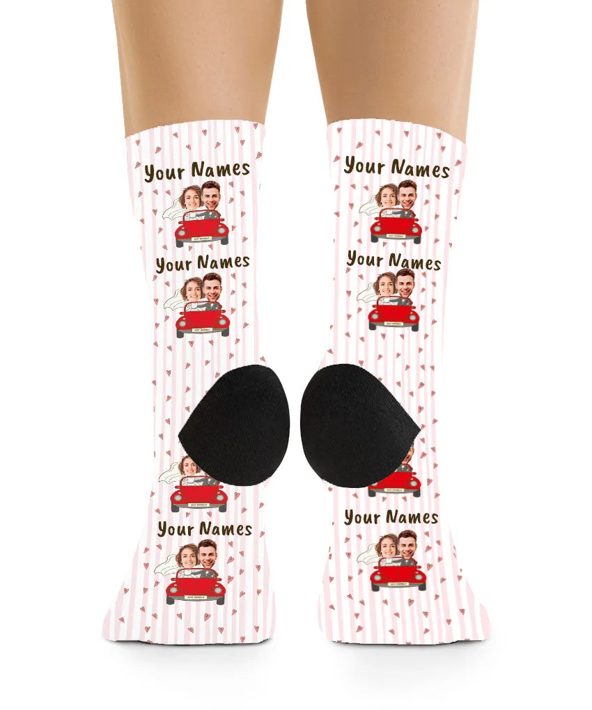 Bride & Groom in Red Car - Couple Face Socks