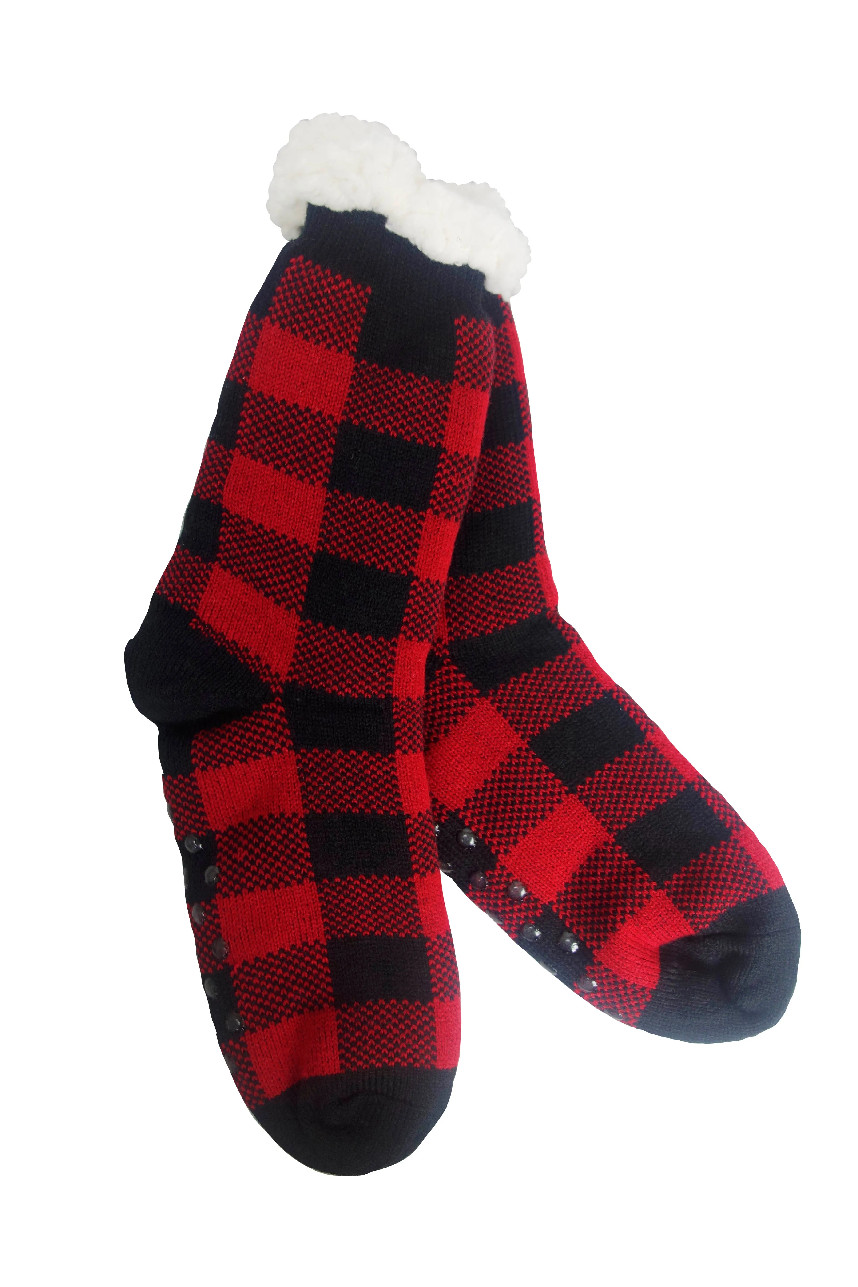 BUFFALO PLAID KNIT THERMAL SLIPPER SOCKS W/NO SLIP-ONE SIZE FITS ALL