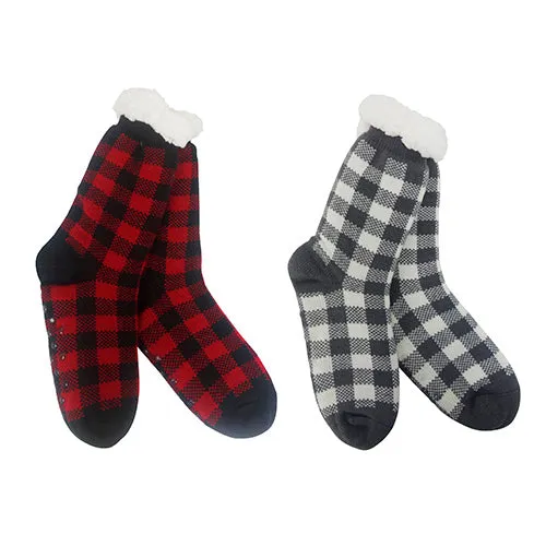 BUFFALO PLAID KNIT THERMAL SLIPPER SOCKS W/NO SLIP-ONE SIZE FITS ALL