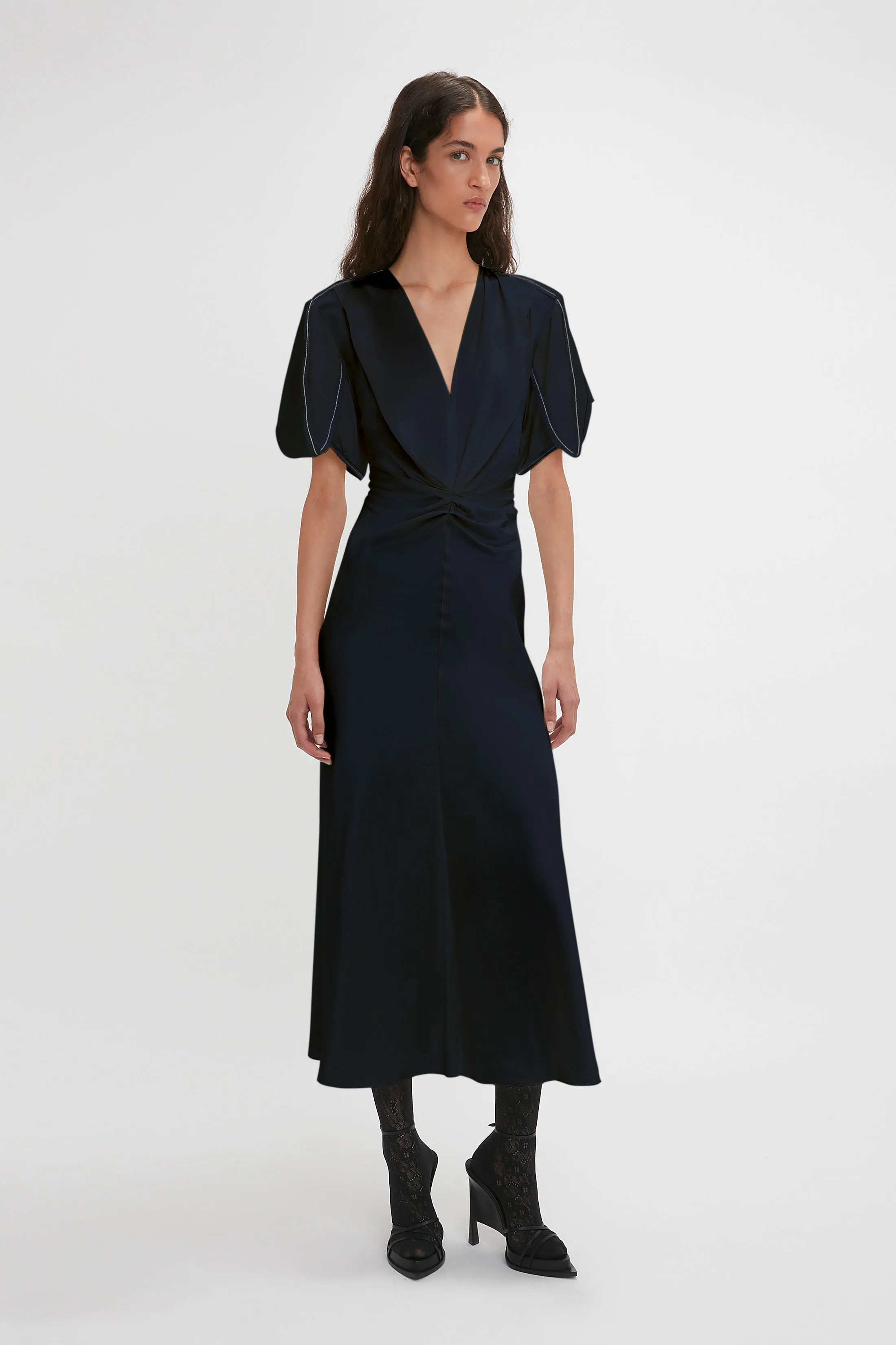 Exclusive Gathered V-Neck Midi Dress In Navy