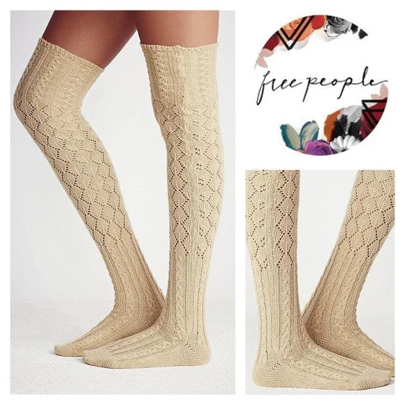 Filomena Thigh High Boot Socks Golden Sand Pointelle Over The Knee Thick Warm Tan Scrunch Top Winter Socks