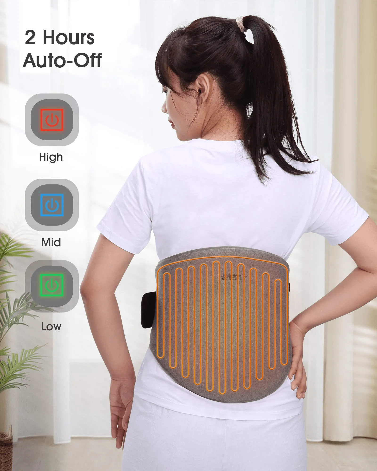 Gasky Electric Heating Pad for Lower Back & Shoulder & Abdomen, Large Waist Wrap Belt with Adjustable Flexible Straps, Portable Heating Pad Wraps 3 Heat Settings & 2 Hours Auto Off, Washable, 32 x 54 cm