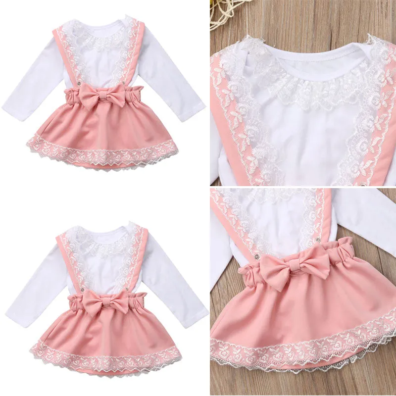 Girls Long Sleeve Lace Top with Pink Skirt Overalls and Pink Bow Ruffle Set