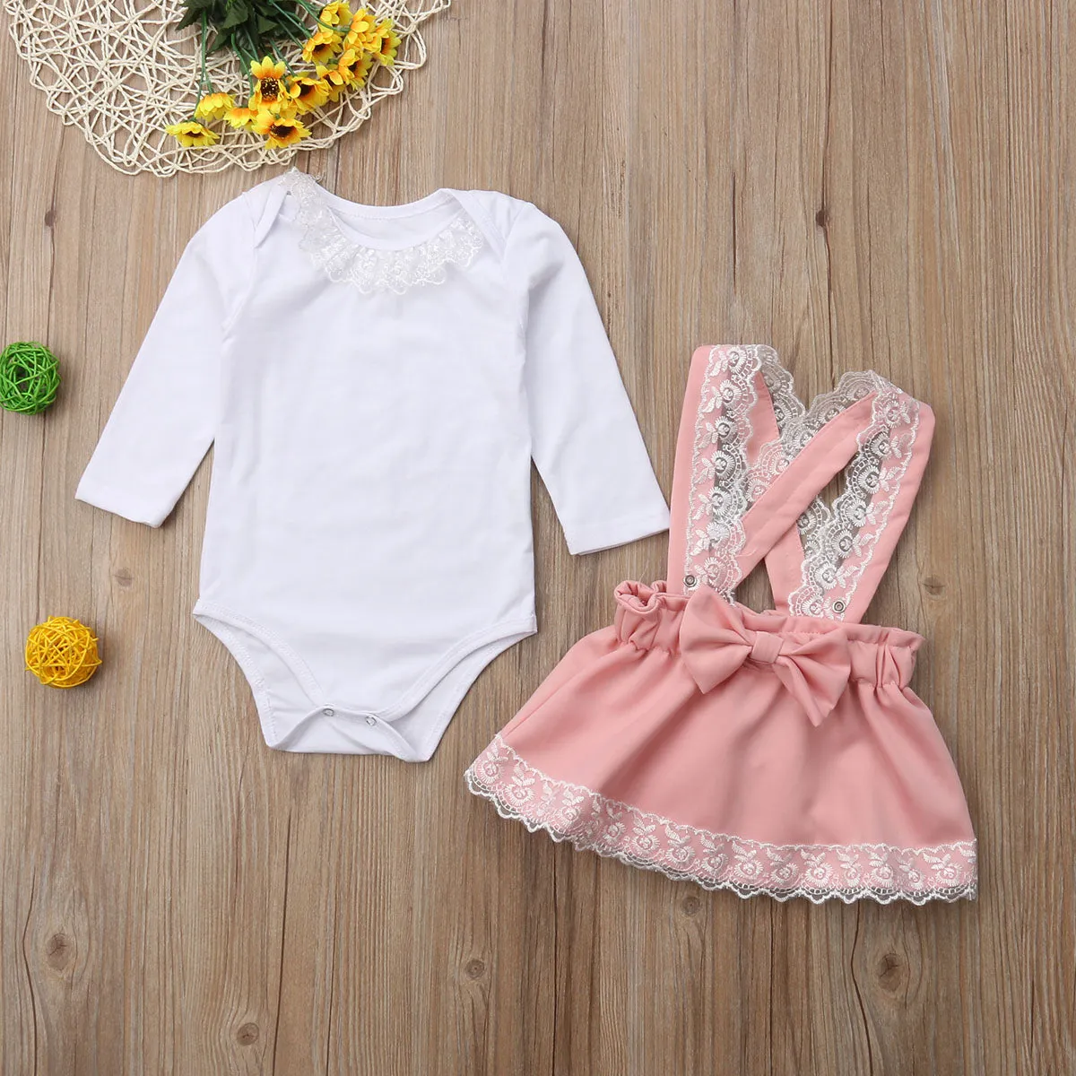 Girls Long Sleeve Lace Top with Pink Skirt Overalls and Pink Bow Ruffle Set