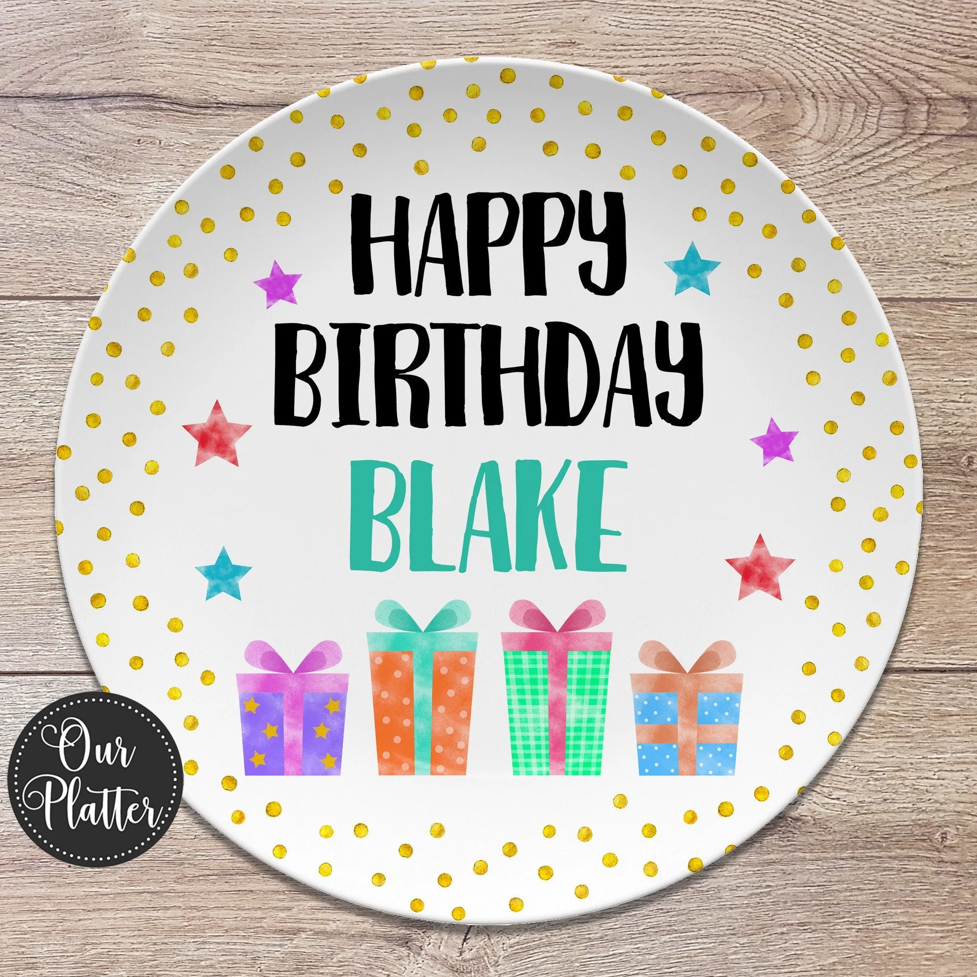 Happy Birthday Gifts Dots Stars Personalized Plate