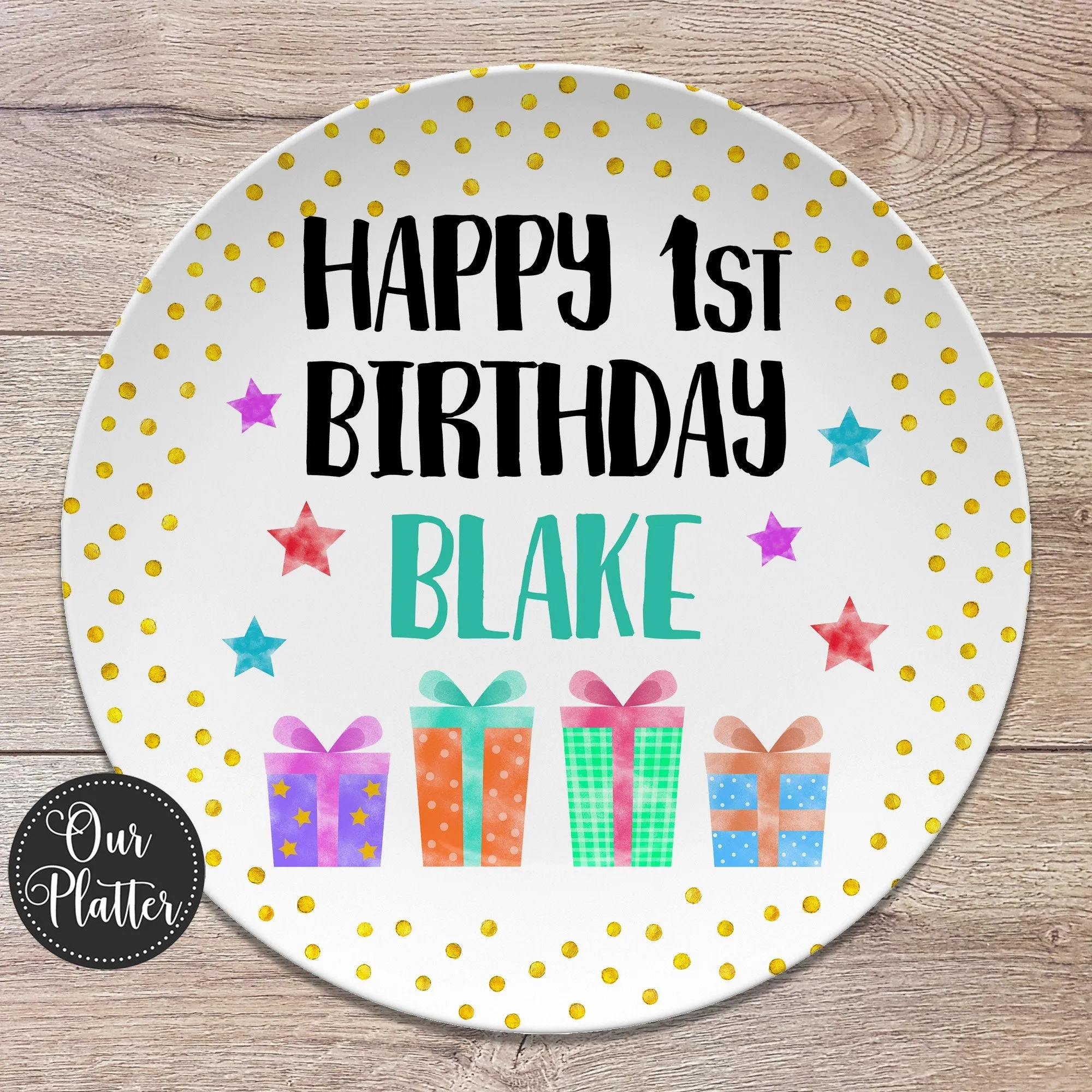 Happy Birthday Gifts Dots Stars Personalized Plate