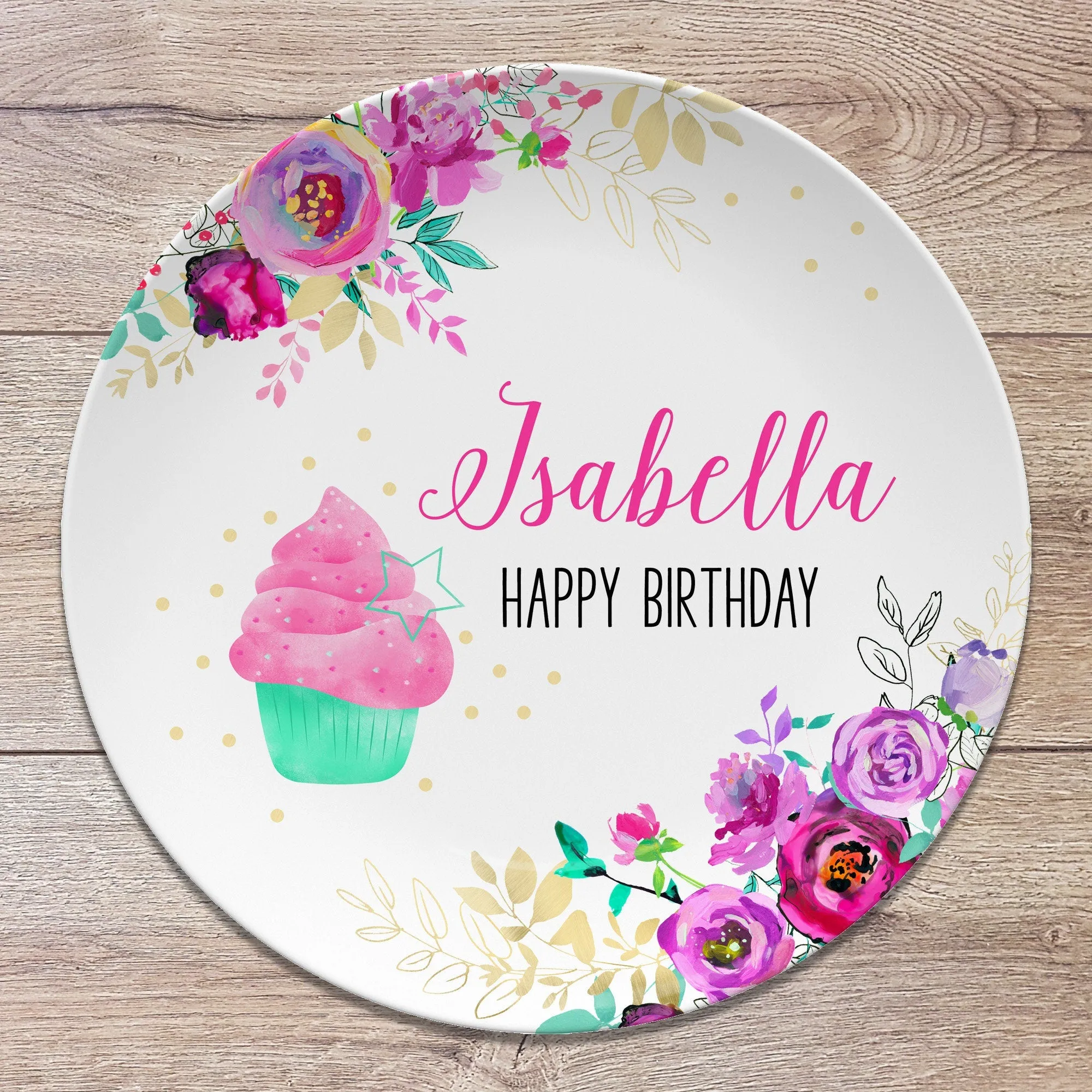 Happy Birthday Personalized Plate, Floral Cupcake