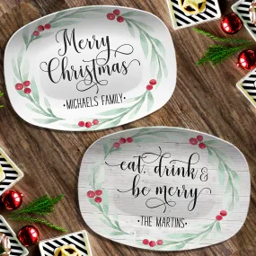 Large Holly Wreath Farmhouse Personalized Platter