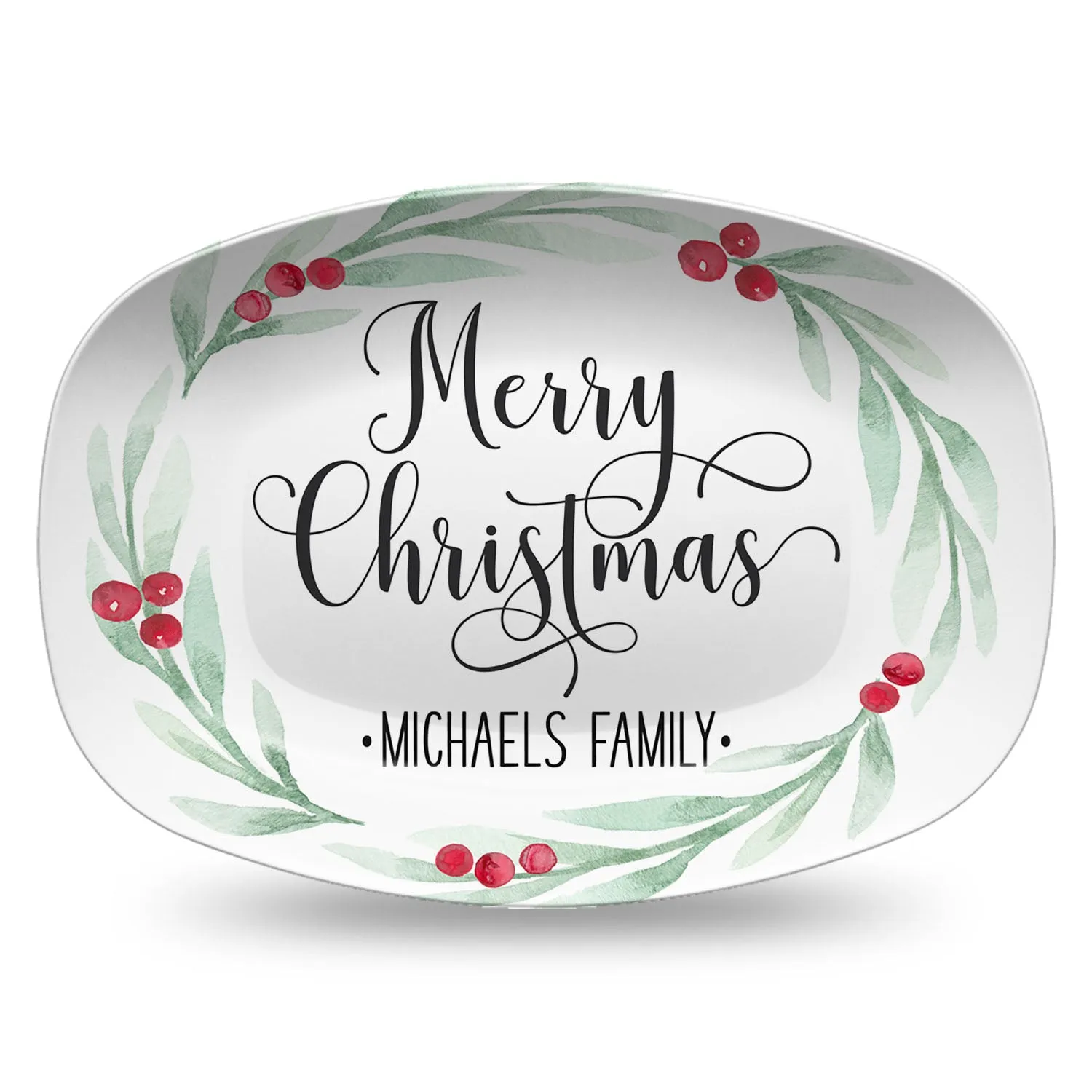 Large Holly Wreath Farmhouse Personalized Platter