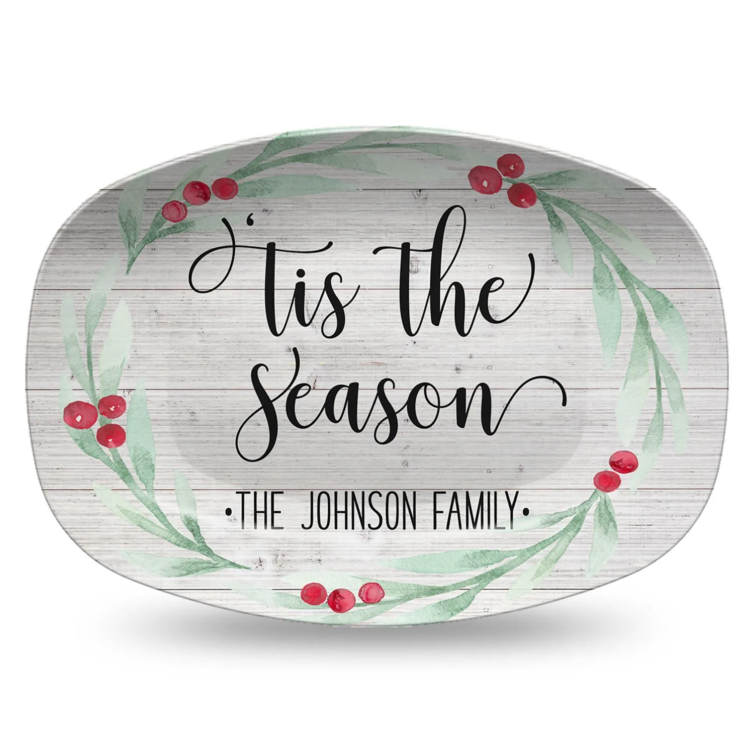 Large Holly Wreath Farmhouse Personalized Platter