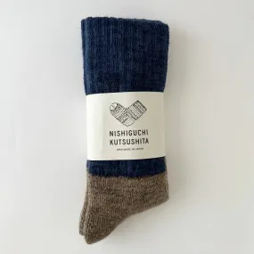 nishiguchi kutsushita : oslo mohair wool pile socks - Navy and Cappuccino